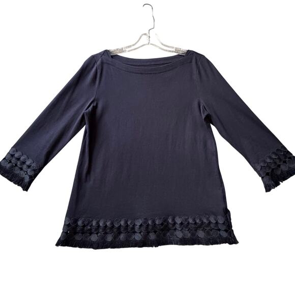 Talbots Popover Scoop Neck Embellished Fringe Hem Pima Cotton Top Women S Blue - Picture 1 of 8